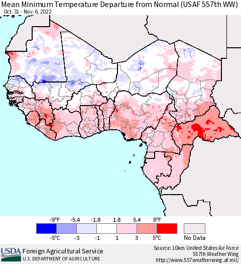 Western Africa Mean Minimum Temperature Departure from Normal (USAF 557th WW) Thematic Map For 10/31/2022 - 11/6/2022
