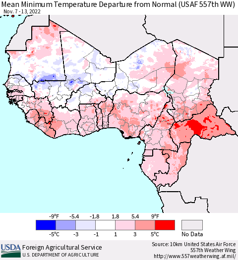 Western Africa Mean Minimum Temperature Departure from Normal (USAF 557th WW) Thematic Map For 11/7/2022 - 11/13/2022