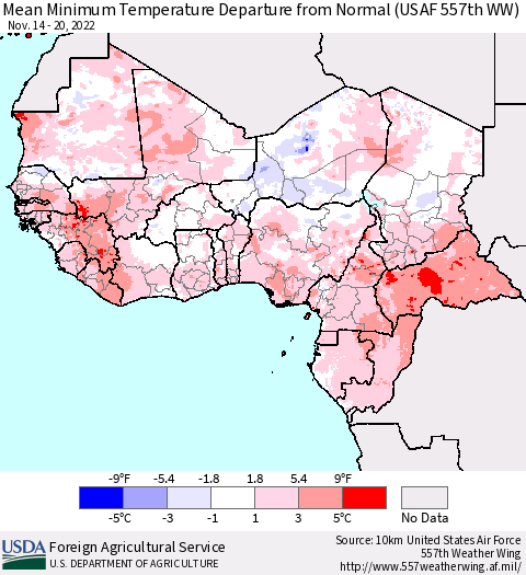 Western Africa Mean Minimum Temperature Departure from Normal (USAF 557th WW) Thematic Map For 11/14/2022 - 11/20/2022