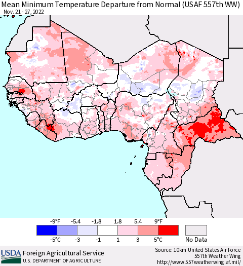 Western Africa Mean Minimum Temperature Departure from Normal (USAF 557th WW) Thematic Map For 11/21/2022 - 11/27/2022
