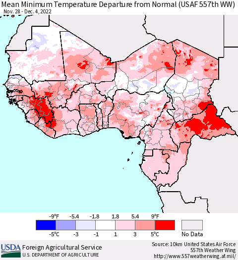 Western Africa Mean Minimum Temperature Departure from Normal (USAF 557th WW) Thematic Map For 11/28/2022 - 12/4/2022