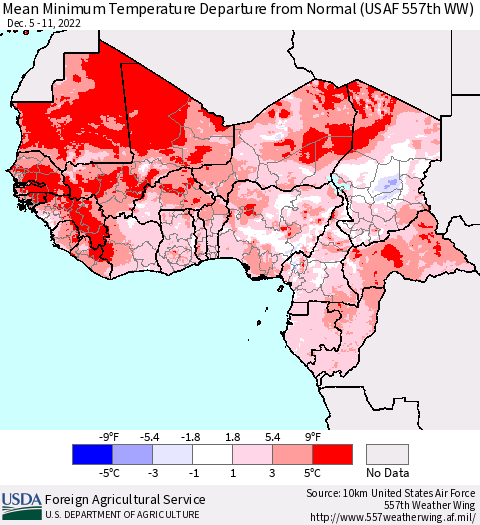 Western Africa Mean Minimum Temperature Departure from Normal (USAF 557th WW) Thematic Map For 12/5/2022 - 12/11/2022