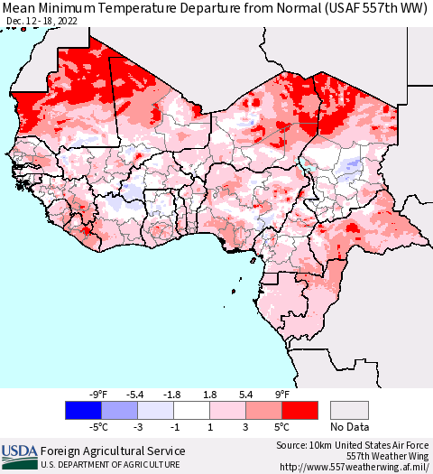 Western Africa Mean Minimum Temperature Departure from Normal (USAF 557th WW) Thematic Map For 12/12/2022 - 12/18/2022