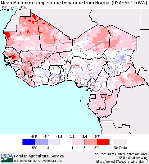 Western Africa Mean Minimum Temperature Departure from Normal (USAF 557th WW) Thematic Map For 12/19/2022 - 12/25/2022