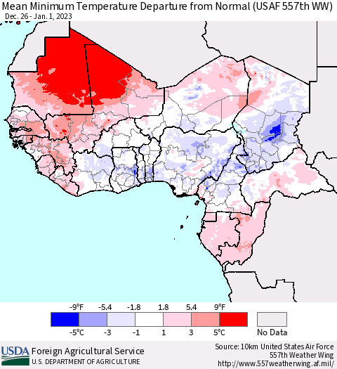 Western Africa Mean Minimum Temperature Departure from Normal (USAF 557th WW) Thematic Map For 12/26/2022 - 1/1/2023