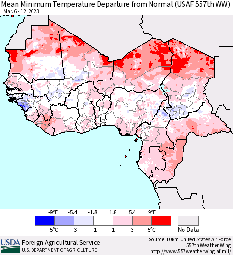 Western Africa Mean Minimum Temperature Departure from Normal (USAF 557th WW) Thematic Map For 3/6/2023 - 3/12/2023