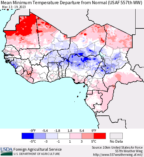 Western Africa Mean Minimum Temperature Departure from Normal (USAF 557th WW) Thematic Map For 3/13/2023 - 3/19/2023