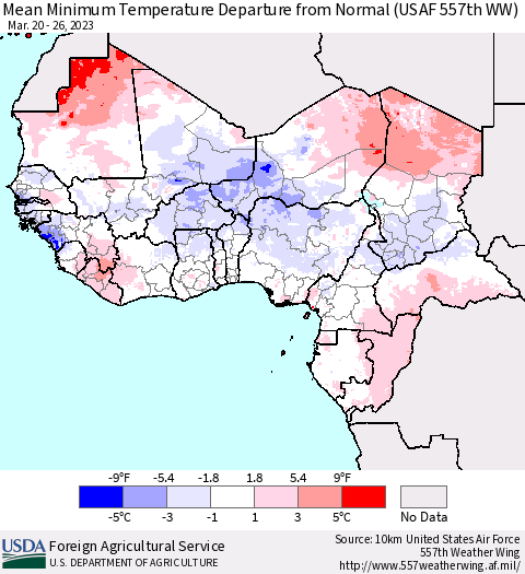 Western Africa Mean Minimum Temperature Departure from Normal (USAF 557th WW) Thematic Map For 3/20/2023 - 3/26/2023