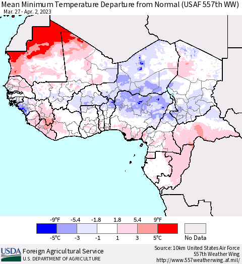 Western Africa Mean Minimum Temperature Departure from Normal (USAF 557th WW) Thematic Map For 3/27/2023 - 4/2/2023