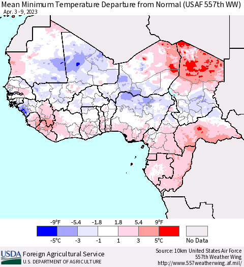 Western Africa Mean Minimum Temperature Departure from Normal (USAF 557th WW) Thematic Map For 4/3/2023 - 4/9/2023