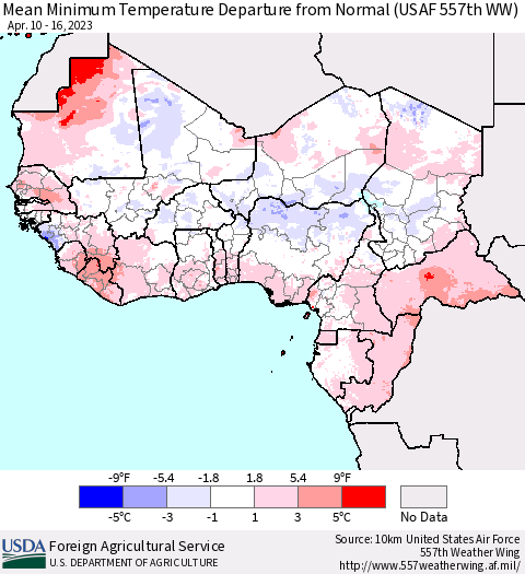 Western Africa Mean Minimum Temperature Departure from Normal (USAF 557th WW) Thematic Map For 4/10/2023 - 4/16/2023