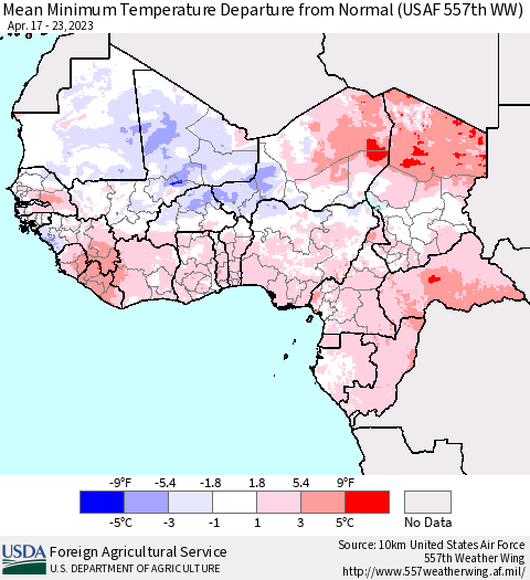 Western Africa Mean Minimum Temperature Departure from Normal (USAF 557th WW) Thematic Map For 4/17/2023 - 4/23/2023