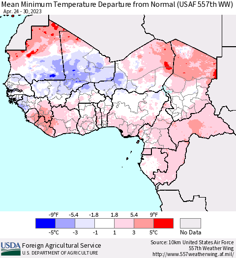 Western Africa Mean Minimum Temperature Departure from Normal (USAF 557th WW) Thematic Map For 4/24/2023 - 4/30/2023