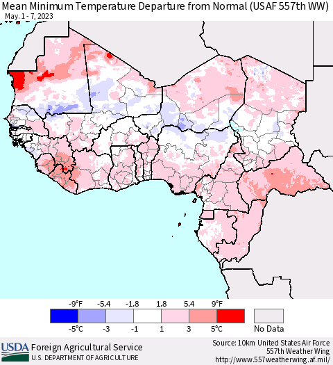 Western Africa Mean Minimum Temperature Departure from Normal (USAF 557th WW) Thematic Map For 5/1/2023 - 5/7/2023