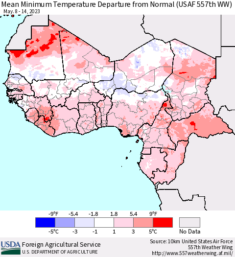 Western Africa Mean Minimum Temperature Departure from Normal (USAF 557th WW) Thematic Map For 5/8/2023 - 5/14/2023