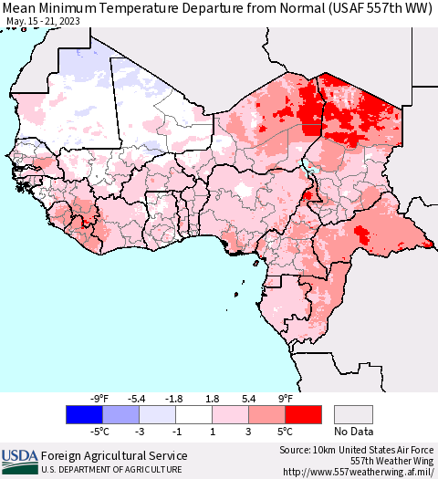 Western Africa Mean Minimum Temperature Departure from Normal (USAF 557th WW) Thematic Map For 5/15/2023 - 5/21/2023
