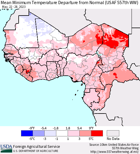 Western Africa Mean Minimum Temperature Departure from Normal (USAF 557th WW) Thematic Map For 5/22/2023 - 5/28/2023
