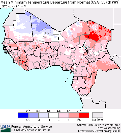Western Africa Mean Minimum Temperature Departure from Normal (USAF 557th WW) Thematic Map For 5/29/2023 - 6/4/2023