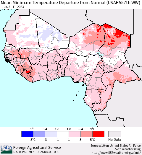 Western Africa Mean Minimum Temperature Departure from Normal (USAF 557th WW) Thematic Map For 6/5/2023 - 6/11/2023