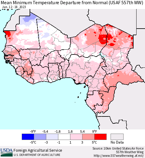 Western Africa Mean Minimum Temperature Departure from Normal (USAF 557th WW) Thematic Map For 6/12/2023 - 6/18/2023