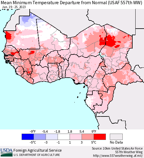 Western Africa Mean Minimum Temperature Departure from Normal (USAF 557th WW) Thematic Map For 6/19/2023 - 6/25/2023