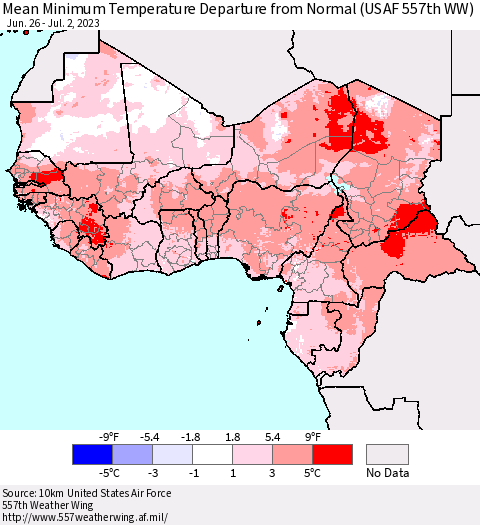 Western Africa Mean Minimum Temperature Departure from Normal (USAF 557th WW) Thematic Map For 6/26/2023 - 7/2/2023