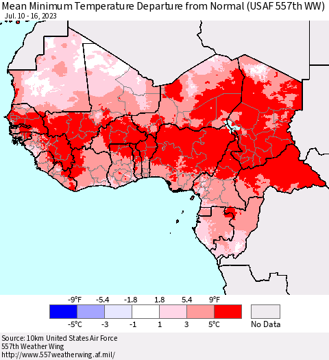 Western Africa Mean Minimum Temperature Departure from Normal (USAF 557th WW) Thematic Map For 7/10/2023 - 7/16/2023