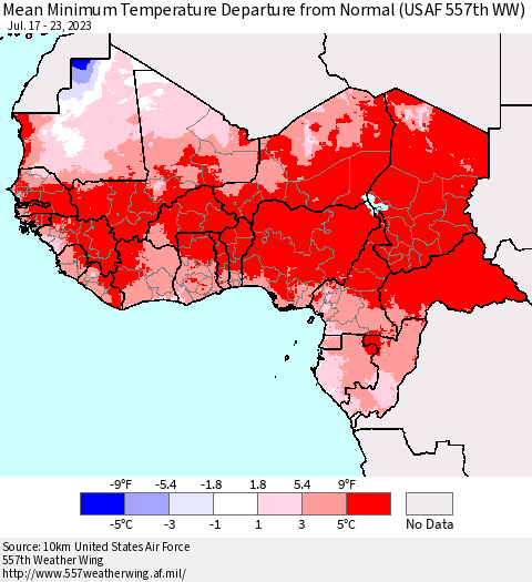 Western Africa Mean Minimum Temperature Departure from Normal (USAF 557th WW) Thematic Map For 7/17/2023 - 7/23/2023