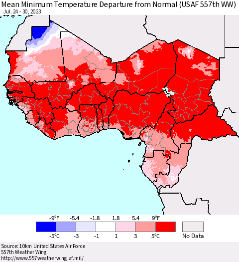 Western Africa Mean Minimum Temperature Departure from Normal (USAF 557th WW) Thematic Map For 7/24/2023 - 7/30/2023