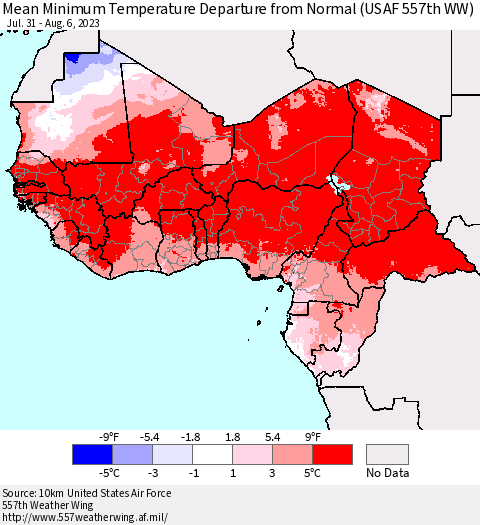 Western Africa Mean Minimum Temperature Departure from Normal (USAF 557th WW) Thematic Map For 7/31/2023 - 8/6/2023