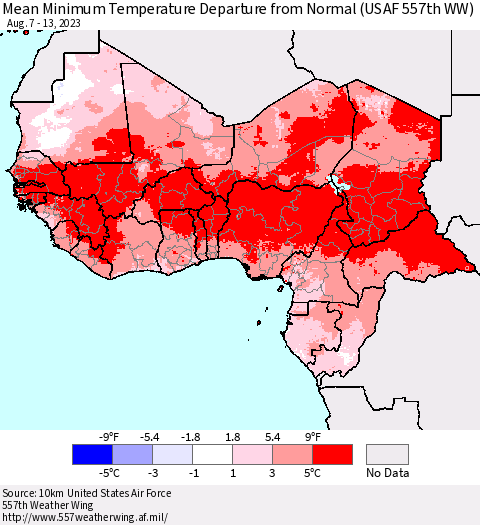 Western Africa Mean Minimum Temperature Departure from Normal (USAF 557th WW) Thematic Map For 8/7/2023 - 8/13/2023