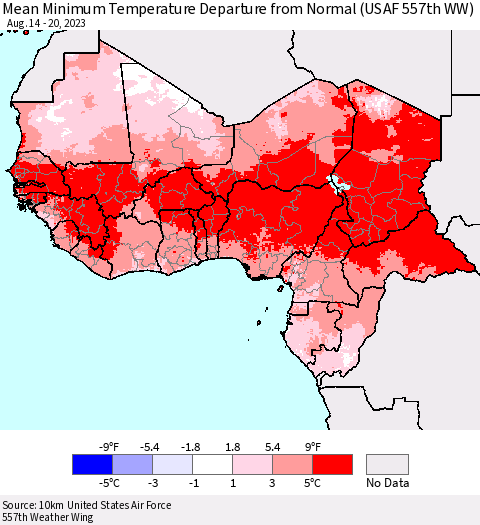Western Africa Mean Minimum Temperature Departure from Normal (USAF 557th WW) Thematic Map For 8/14/2023 - 8/20/2023