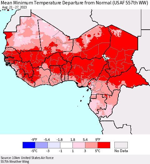 Western Africa Mean Minimum Temperature Departure from Normal (USAF 557th WW) Thematic Map For 8/21/2023 - 8/27/2023