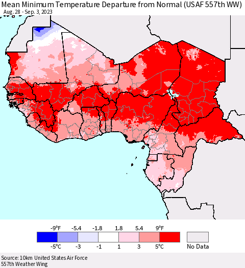 Western Africa Mean Minimum Temperature Departure from Normal (USAF 557th WW) Thematic Map For 8/28/2023 - 9/3/2023