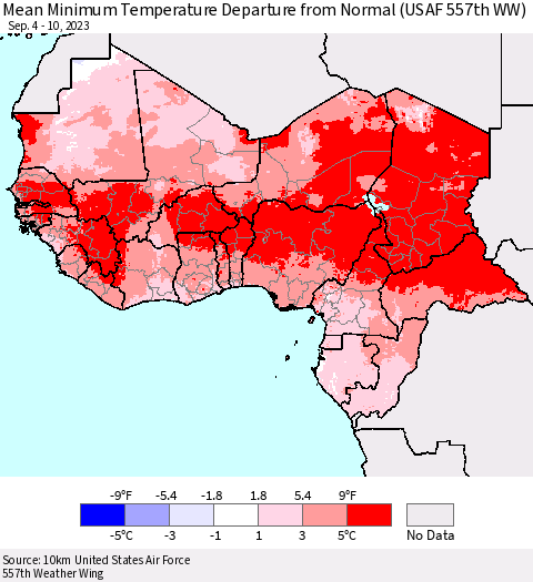 Western Africa Mean Minimum Temperature Departure from Normal (USAF 557th WW) Thematic Map For 9/4/2023 - 9/10/2023