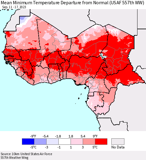 Western Africa Mean Minimum Temperature Departure from Normal (USAF 557th WW) Thematic Map For 9/11/2023 - 9/17/2023
