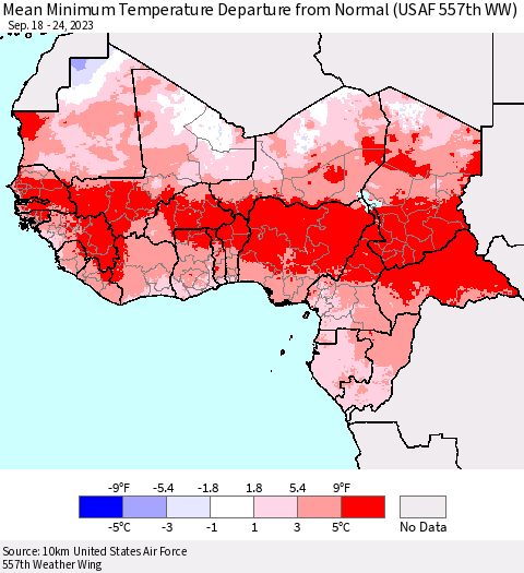 Western Africa Mean Minimum Temperature Departure from Normal (USAF 557th WW) Thematic Map For 9/18/2023 - 9/24/2023