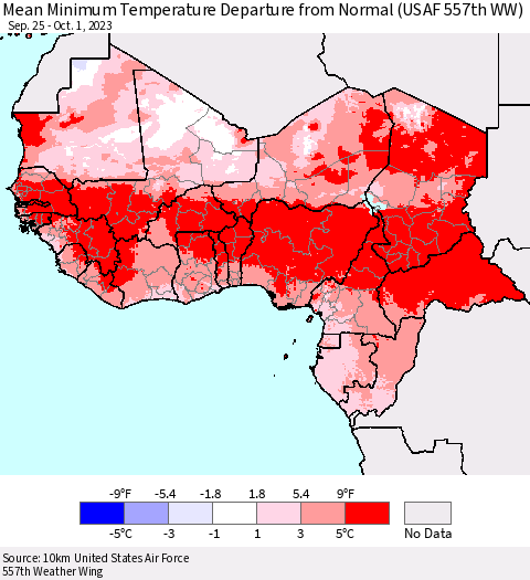 Western Africa Mean Minimum Temperature Departure from Normal (USAF 557th WW) Thematic Map For 9/25/2023 - 10/1/2023