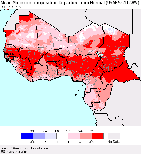 Western Africa Mean Minimum Temperature Departure from Normal (USAF 557th WW) Thematic Map For 10/2/2023 - 10/8/2023