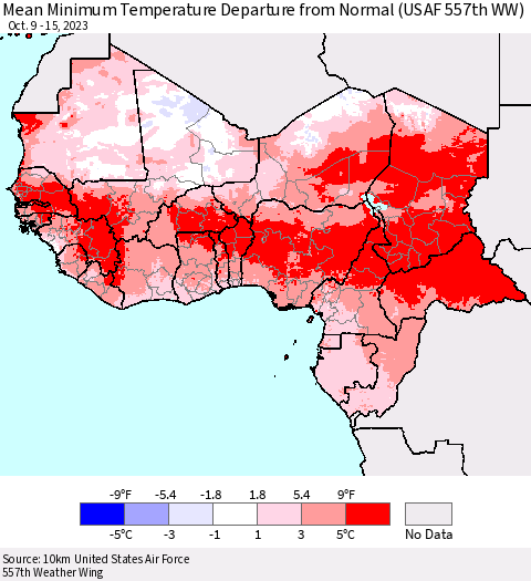 Western Africa Mean Minimum Temperature Departure from Normal (USAF 557th WW) Thematic Map For 10/9/2023 - 10/15/2023