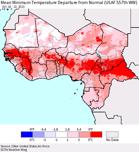 Western Africa Mean Minimum Temperature Departure from Normal (USAF 557th WW) Thematic Map For 10/16/2023 - 10/22/2023