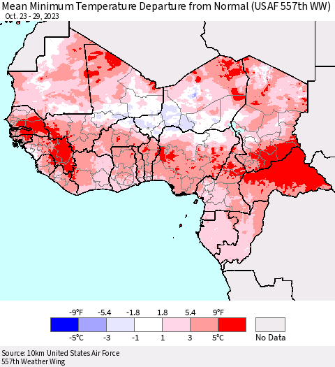 Western Africa Mean Minimum Temperature Departure from Normal (USAF 557th WW) Thematic Map For 10/23/2023 - 10/29/2023