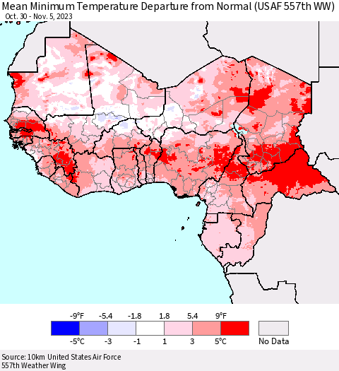 Western Africa Mean Minimum Temperature Departure from Normal (USAF 557th WW) Thematic Map For 10/30/2023 - 11/5/2023