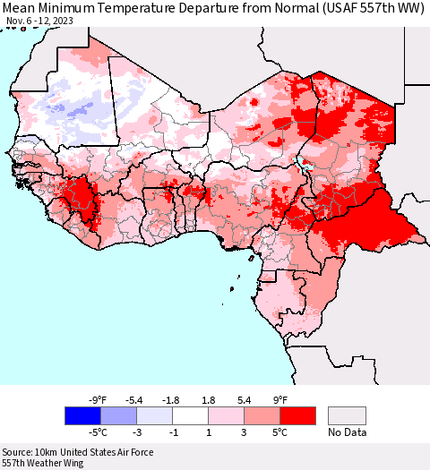 Western Africa Mean Minimum Temperature Departure from Normal (USAF 557th WW) Thematic Map For 11/6/2023 - 11/12/2023
