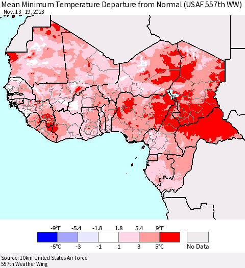Western Africa Mean Minimum Temperature Departure from Normal (USAF 557th WW) Thematic Map For 11/13/2023 - 11/19/2023