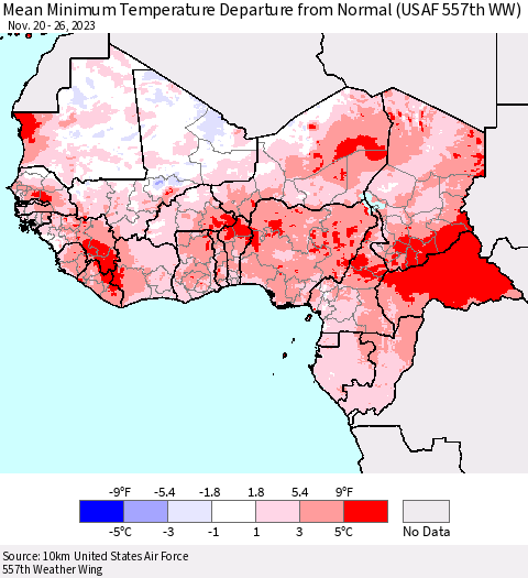 Western Africa Mean Minimum Temperature Departure from Normal (USAF 557th WW) Thematic Map For 11/20/2023 - 11/26/2023