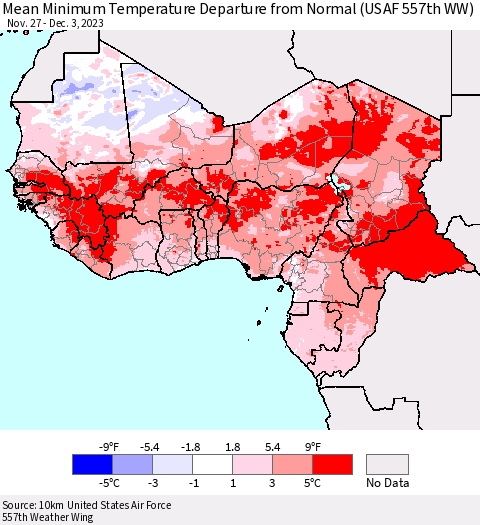 Western Africa Mean Minimum Temperature Departure from Normal (USAF 557th WW) Thematic Map For 11/27/2023 - 12/3/2023