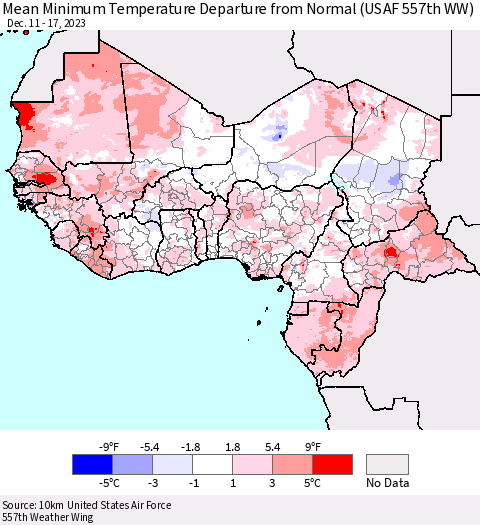 Western Africa Mean Minimum Temperature Departure from Normal (USAF 557th WW) Thematic Map For 12/11/2023 - 12/17/2023
