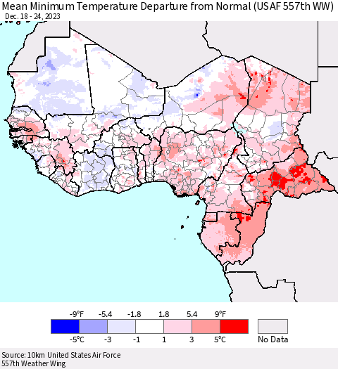 Western Africa Mean Minimum Temperature Departure from Normal (USAF 557th WW) Thematic Map For 12/18/2023 - 12/24/2023