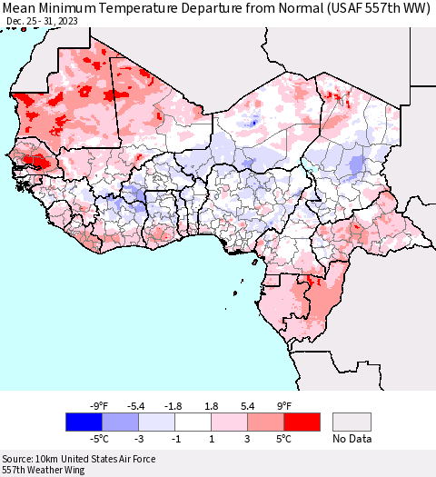 Western Africa Mean Minimum Temperature Departure from Normal (USAF 557th WW) Thematic Map For 12/25/2023 - 12/31/2023